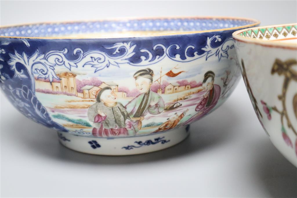 Two Chinese Export polychrome-decorated punch bowls, diameter 28.5cm (repairs)